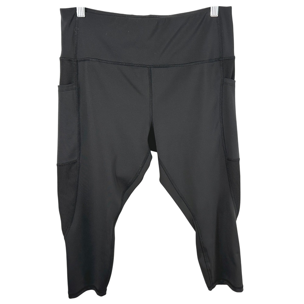 BSP Size XL Leggings Black Capri Side Pockets Solid Cropped High Rise Mesh 1208